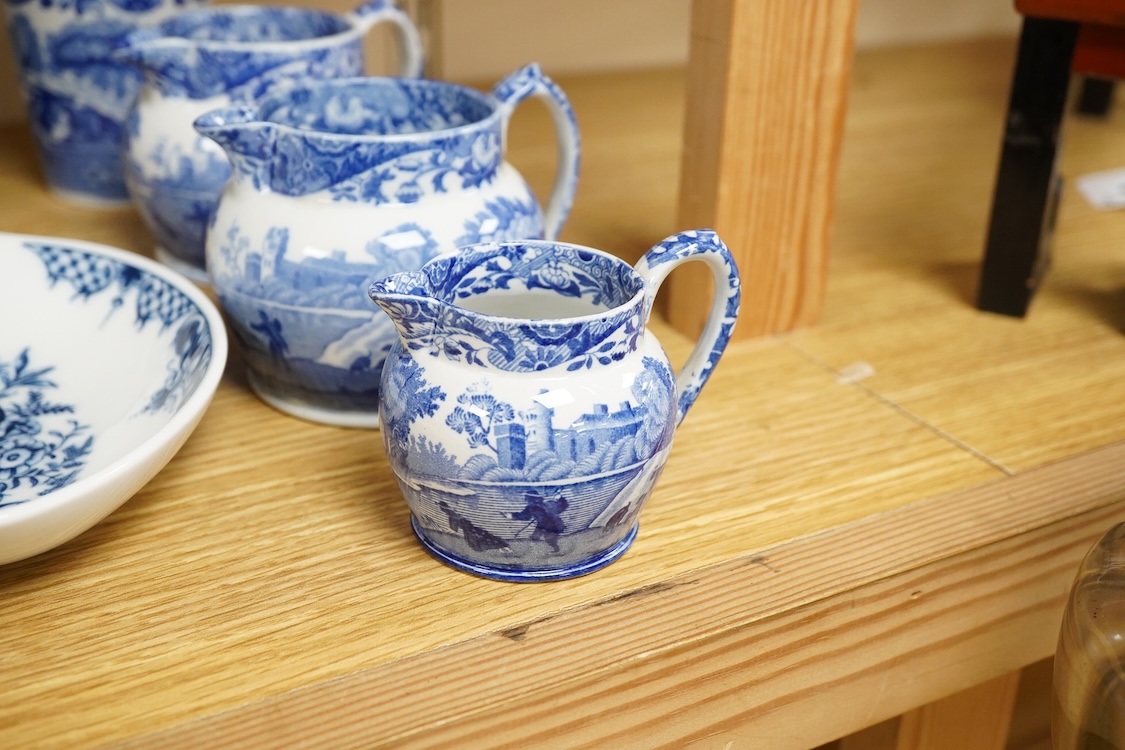 An 18th century Delft jug, another tin glazed dish, a Worcester Hanbury dish and five pieces of Copeland Spode Italian blue and white, tallest 22.5cm